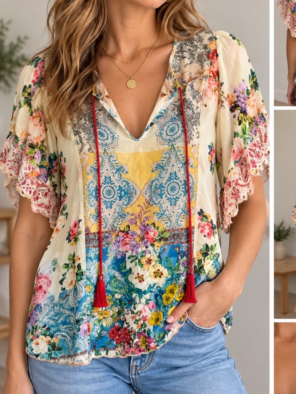 Johnny Was Silk Floral Paisley Tassel Tie Boho Blouse Size XL